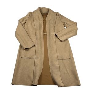 Tahari Faux Leather Jacket Brown Longline Open Front Classic Layering Relaxed XS